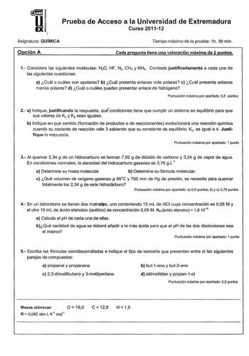 Examen de Química (PAU de 2012)
