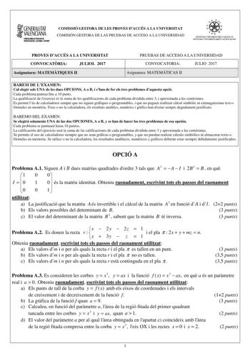 Examen de Matemáticas II (PAU de 2017)
