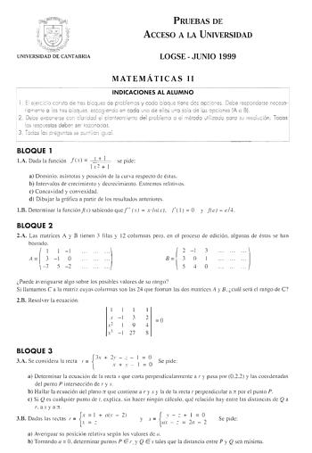 Examen de Matemáticas II (selectividad de 1999)