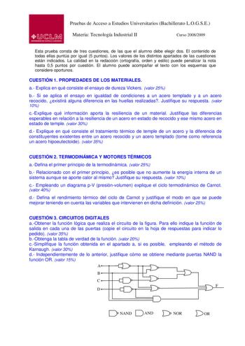 Pruebas de Acceso a Estudios Universitarios Bachillerato LOGSE Materia Tecnología Industrial II Curso 20082009 Esta prueba consta de tres cuestiones de las que el alumno debe elegir dos El contenido de todas ellas puntúa por igual 5 puntos Los valores de los distintos apartados de las cuestiones están indicados La calidad en la redacción ortografía orden y estilo puede penalizar la nota hasta 05 puntos por cuestión El alumno puede acompañar el texto con los esquemas que considere oportunos CUES…