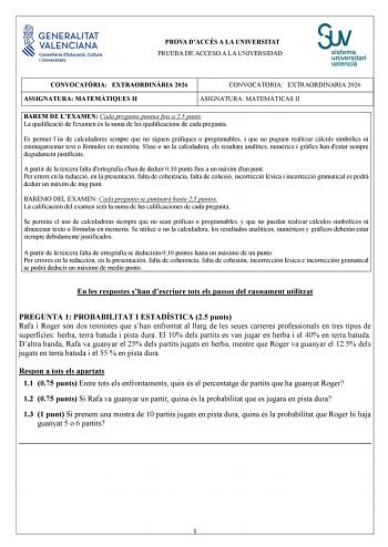 Matemáticas II – PAU Comunidad Valenciana (2026)