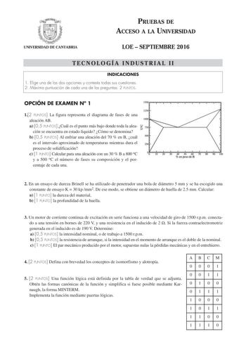 UNIVERSIDAD DE CANTABRIA PRUEBAS DE ACCESO A LA UNIVERSIDAD LOE  SEPTIEMBRE 2016 TECNOLOGÍA INDUSTRIAL II INDICACIONES 1 Elige una de las dos opciones y contesta todas sus cuestiones 2 Máxima puntuación de cada una de las preguntas 2 PUNTOS OPCIÓN DE EXAMEN N 1 12 PUNTOS La figura representa el diagrama de fases de una aleación AB a 05 PUNTOS Cuál es el punto más bajo donde toda la alea u  ción se encuentra en estado liquido Cómo se denomina b 05 PUNTOS Al enfriar una aleación del 70  en B cuál…