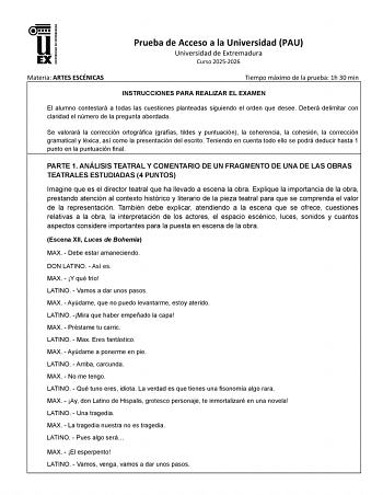 Artes Escénicas – EBAU Extremadura (2026)
