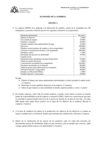 IVERSIDAD DE VIEDO Vicerrectorado de Estudiantes y Empleo PRUEBAS DE ACCESO A LA UNIVERSIDAD Curso 20092010 ECONOMÍA DE LA EMPRESA OPCIÓN A 1 La empresa SIGMA SA dedicada a la fabricación de muebles cuenta en la actualidad con 150 trabajadores y presenta a final de ejercicio los siguientes elementos en su patrimonio Elemento patrimonial Dinero en efectivo Un camión de reparto Patentes y licencias Clientes deudores por aplazamiento de pago Reservas Deudas con proveedores de madera y otros compon…