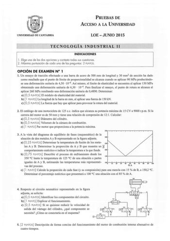 UNIVERSIDAD DE CANTABRIA PRUEBAS DE ACCESO A LA UNIVERSIDAD LOEJUNIO 2015 TECNOLOGÍA INDUSTRIAL 11 INDICACIONES 1 Elige una de las dos opciones y contesta todas sus cuestiones  2  Máxima puntuación de cada una de las preguntas 2 PUNTOS  OPCIÓN DE EXAMEN N 1 l Un ensayo de tracción efectuado a una barra de acero de 500 mm de longitud y 30 mm2 de sección ha dado como resultado que el punto de límite de proporcionalidad se alcanza cuando se aplican 90 MPa produciéndose una deformación unitaria de …