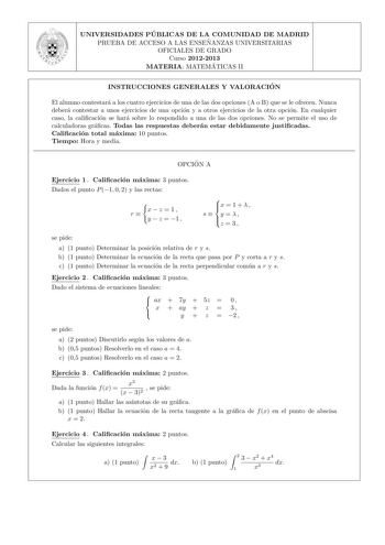 Examen de Matemáticas II (PAU de 2013)