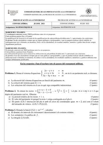 Examen de Matemáticas II (PAU de 2021)