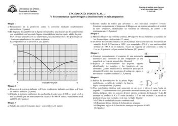 UNIVERSIDAD DE VIEDO Vicerrectorado de Estudiantes ÁREA DE ORIENTACIÓN UNIVERSITARIA TECNOLOGÍA INDUSTRIAL II  Se contestarán cuatro bloques a elección entre los seis propuestos Pruebas de aptitud para el acceso a la Universidad junio 1998 LOGSE Bloque 1 a Fundamentos de la protección contra la corrosión mediante recubrimientos electrolíticos 1 punto b El diagrama de equilibrio de la figura corresponde a una aleación de dos componentes con solubilidad total en estado líquido e insolubilidad tot…