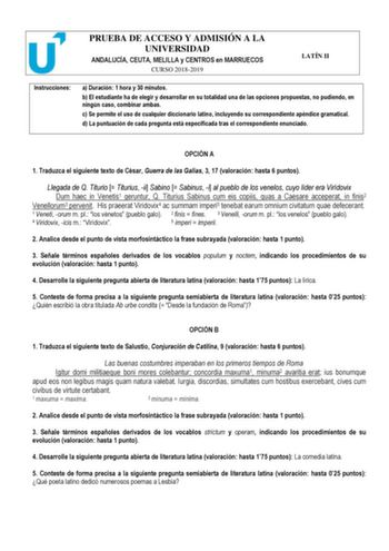 Examen de Latín II (PEvAU de 2019)