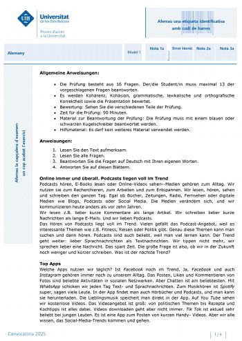 Examen de Alemán (PBAU de 2025)