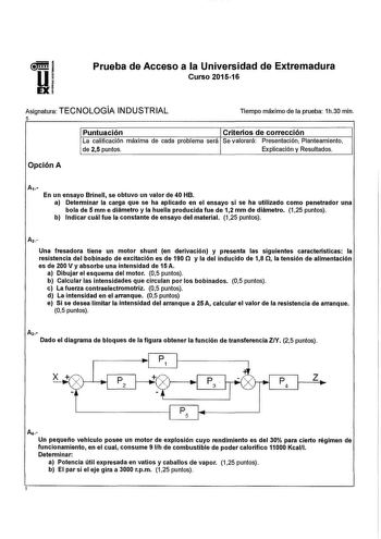 Prueba de Acceso a la Universidad de Extremadura Curso 201516 Asignatura TECNOLOGÍA INDUSTRIAL 5 Tiempo máximo de la prueba 1h30 min Puntuación Criterios de corrección La calificación máxima de cada problema será Se valorará Presentación Planteamiento de 25 puntos Explicación y Resultados Opción A En un ensayo Brinell se obtuvo un valor de 40 HB a Detenninar la carga que se ha aplicado en el ensayo si se ha utilizado corno penetrador una bola de 5 mm e diámetro y la huella producida fue de 12 m…