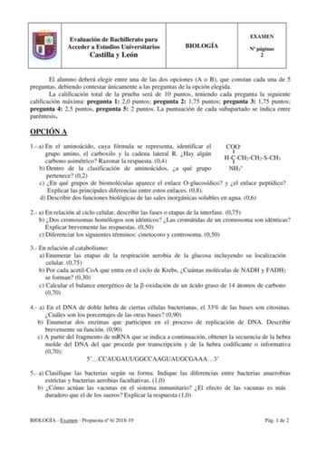 Evaluación de Bachillerato para Acceder a Estudios Universitarios Castilla y León BIOLOGÍA EXAMEN N páginas 2 El alumno deberá elegir entre una de las dos opciones A o B que constan cada una de 5 preguntas debiendo contestar únicamente a las preguntas de la opción elegida La calificación total de la prueba será de 10 puntos teniendo cada pregunta la siguiente calificación máxima pregunta 1 20 puntos pregunta 2 175 puntos pregunta 3 175 puntos pregunta 4 25 puntos pregunta 5 2 puntos La puntuaci…