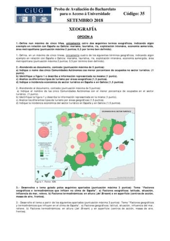 Proba de Avaliación do Bacharelato para o Acceso á Universidade SETEMBRO 2018 Código 35 XEOGRAFÍA OPCIÓN A 1Defina nun máximo de cinco liñas unicamente catro dos seguintes termos xeográficos indicando algún exemplo en relación con España ou Galicia marisma laurisilva ría explotación intensiva economía somerxida área metropolitana puntuación máxima 2 puntos 05 por termo ben definido 1Defina en un máximo de cinco líneas únicamente cuatro de los siguientes términos geográficos indicando algún ejem…