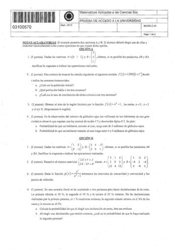 Examen de Matemáticas Aplicadas a las Ciencias Sociales (PAU de 2010)