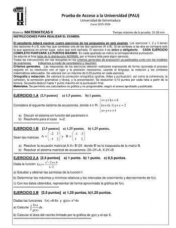 Matemáticas II – EBAU Extremadura (2026)