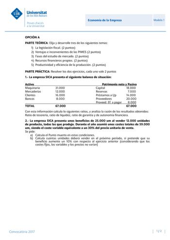 Economía de la Empresa Modelo 1 OPCIÓN A PARTE TEÓRICA Elija y desarrolle tres de los siguientes temas 1 La legislación fiscal 2 puntos 2 Ventajas e inconvenientes de las PIMES 2 puntos 3 Fases del estudio de mercado 2 puntos 4 Recursos financieros propios 2 puntos 5 Productividad y eficiencia de la producción 2 puntos PARTE PRÁCTICA Resolver los dos ejercicios cada uno vale 2 puntos 1 La empresa SICA presenta el siguiente balance de situación Activo Maquinaria Mercaderías Clientes Bancos TOTAL…