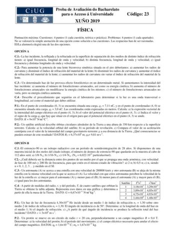 Proba de Avaliación do Bacharelato para o Acceso á Universidade XUÑO 2019 Código 23 FÍSICA Puntuación máxima Cuestiones 4 puntos 1 cada cuestión teórica o práctica Problemas 6 puntos 1 cada apartado No se valorará la simple anotación de una opción como solución a las cuestiones Las respuestas han de ser razonadas ElLa alumnoa elegirá una de las dos opciones OPCIÓN A C1 La luz incidente la reflejada y la refractada en la superficie de separación de dos medios de distinto índice de refracción tie…