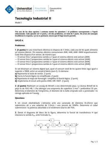 Universitat Prava daccés Convocatria de les Illes Balears a la Universitat 2015 Tecnologia Industrial II Model 1 Tria una de les dues opcions i contesta només les qestions i el problema corresponents a lopció seleccionada Cada qestió val 15 punts i els dos problemes un total de 7 punts Els errors de concepte invalidaran la resposta i ja no es puntuar encara que hi hagi encerts parcials OPCIÓ A Problemes 1 4 punts En una installació elctrica es disposa de 4 línies cada una de les quals alimenta …