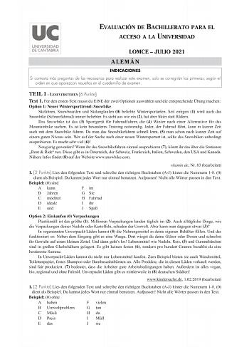 Examen de Alemán (EBAU de 2021)