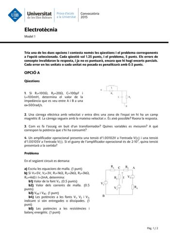 Examen de Electrotecnia (PAU de 2015)