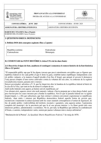 Examen de Historia de España (PAU de 2025)