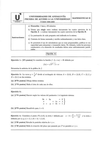 Examen de Matemáticas II (selectividad de 2009)