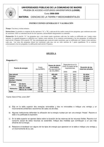 UNIVERSIDADES PÚBLICAS DE LA COMUNIDAD DE MADRID PRUEBA DE ACCESO A ESTUDIOS UNIVERSITARIOS LOGSE Curso 20082009 MATERIA CIENCIAS DE LA TIERRA Y MEDIOAMBIENTALES INSTRUCCIONES GENERALES Y VALORACIÓN Tiempo Una hora y treinta minutos Instrucciones La prueba se compone de dos opciones A y B cada una de las cuales consta de tres preguntas que contienen una serie de cuestiones Sólo se contestará una de las dos opciones desarrollando íntegramente su contenido Puntuación En la opción A las preguntas …