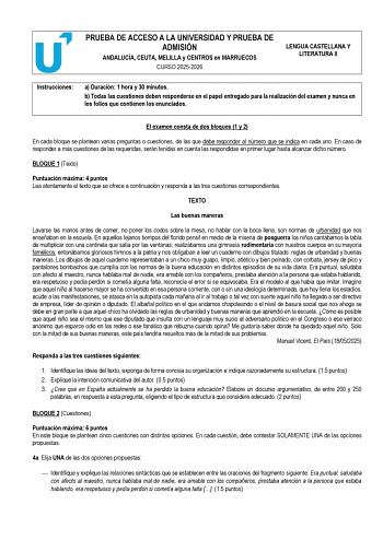 Lengua Castellana y Literatura – PEvAU Andalucía (2026)