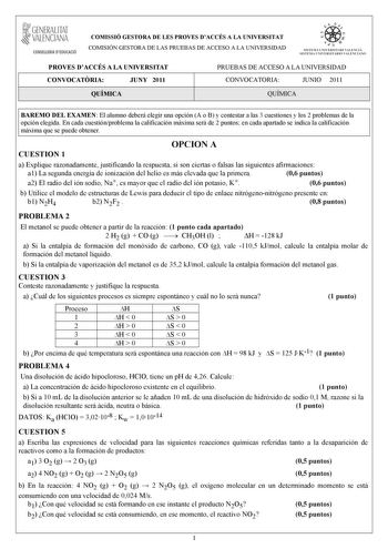 Examen de Química (PAU de 2011)