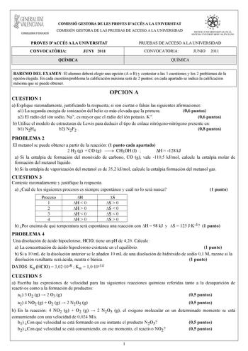 Examen de Química (PAU de 2011)