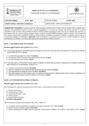 Examen de Ciencias Generales (PAU de 2025)