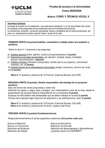 Coro y Técnica Vocal – EvAU Castilla-La Mancha (2026)