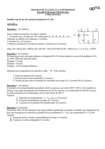 Examen de Electrotecnia (PAU de 2016)