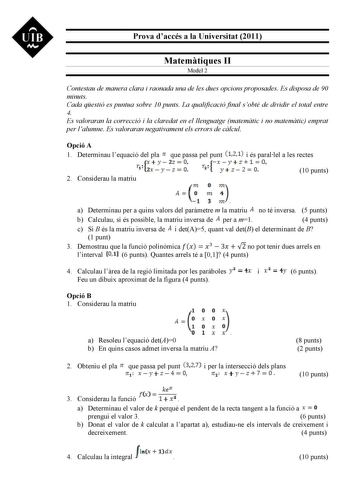 Examen de Matemáticas II (PAU de 2011)