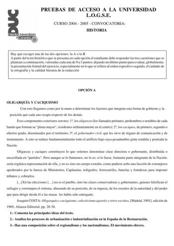 Examen de Historia de España (selectividad de 2005)