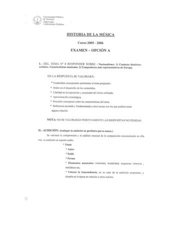 HISTORIA DE LA MÚSICA Curso 2005  2006 EXAMEN  OPCIÓN A 1 DEL TEMA N 8 RESPONDER SOBRE  Nacionalismo 1 Contexto histórico artístico Características musicales 2 Compositores más representativos de Europa EN LA RESPUESTA SE VALORARÁ  Contenidos conceptuales pertinentes al tema propuesto  Orden en el desarrollo de los contenidos  Claridad en la exposición y propiedad del léxico utilizado  Aproximación cronológica  Precisión conceptual sobre las características del tema  Referencia acertada y funda…