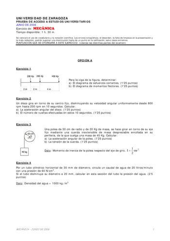 UNIVERSIDAD DE ZARAGOZA PRUEBA DE ACCESO A ESTUDIOS UNIVERSITARIOS JUNIO DE 2006 Ejercicio de MECÁNICA Tiempo disponible 1 h 30 m Se valorará el uso de vocabulario y la notación científica Los errores ortográficos el desorden la falta de limpieza en la presentación y la mala redacción podrán suponer una disminución hasta de un punto en la calificación salvo casos extremos PUNTUACIÓN QUE SE OTORGARÁ A ESTE EJERCICIO véanse las distintas partes del examen Ejercicio 1 OPCIÓN A Para la viga de la f…