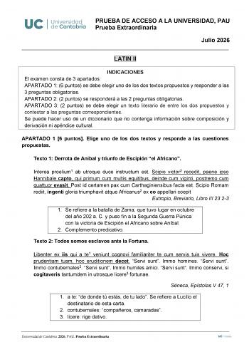 Latín II – EBAU Cantabria (2026)