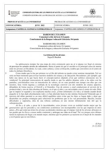 COMISSIÓ GESTORA DE LES PROVES DACCÉS A LA UNIVERSITAT COMISIÓN GESTORA DE LAS PRUEBAS DE ACCESO A LA UNIVERSIDAD PROVES DACCÉS A LA UNIVERSITAT PRUEBAS DE ACCESO A LA UNIVERSIDAD CONVOCATRIA JUNY 2022 CONVOCATORIA JUNIO 2022 Assignatura CASTELL LLENGUA I LITERATURA II Asignatura CASTELLANO LENGUA Y LITERATURA II BAREM DE LEXAMEN Comentari crític del text 04 punts Coneixement de la llengua i educació Literria 06 punts BAREMO DEL EXAMEN Comentario crítico del texto 04 puntos Conocimiento de la l…