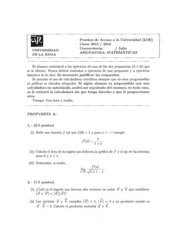 Examen de Matemáticas II (PAU de 2016)