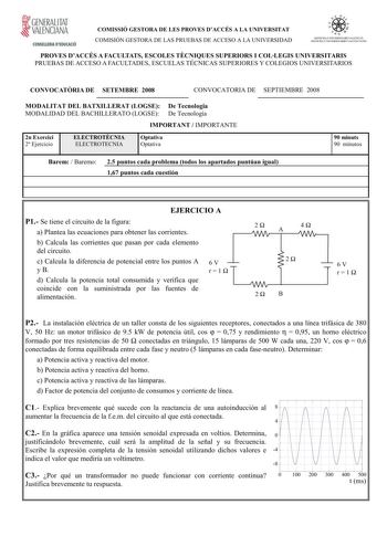 GENERALITAT VALENCIANA CONSELLERIA DEDUCACIÓ COMISSIÓ GESTORA DE LES PROVES DACCÉS A LA UNIVERSITAT COMISIÓN GESTORA DE LAS PRUEBAS DE ACCESO A LA UNIVERSIDAD   r  s1sn L I IN l  FRSn R I  U NCI SllITFM A I Jl lt HSl lRIO  tLDitI A0 PROVES DACCÉS A FACULTATS ESCOLES TCNIQUES SUPERIORS I COLLEGIS UNIVERSITARIS PRUEBAS DE ACCESO A FACULTADES ESCUELAS TÉCNICAS SUPERIORES Y COLEGIOS UNIVERSITARIOS CONVOCATRIA DE SETEMBRE 2008 CONVOCATORIA DE SEPTIEMBRE 2008 MODALITAT DEL BATXILLERAT LOGSE De Tecnol…