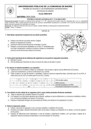 UNIVERSIDADES PÚBLICAS DE LA COMUNIDAD DE MADRID PRUEBA DE ACCESO A LAS ENSEÑANZAS UNIVERSITARIAS OFICIALES DE GRADO Curso 20092010 MATERIA BIOLOGÍA INSTRUCCIONES GENERALES Y VALORACIÓN Estructura de la prueba la prueba se compone de dos opciones A y B cada una de las cuales consta de 5 preguntas que a su vez comprenden varias cuestiones Sólo se podrá contestar una de las dos opciones desarrollando íntegramente su contenido En el caso de mezclar preguntas de ambas opciones la prueba será califi…