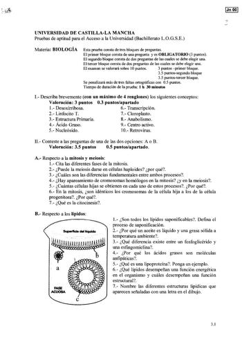 Jn OO  UNIVERSIDAD DE CASTILLALA MANCHA Pruebas de aptitud para el Acceso a la Universidad Bachillerato LOGSE Materia BIOLOGÍA Esta prueba consta de tres bloques de preguntas El primer bloque consta de una pregunta y es OBLIGATORIO 3 puntos El segundo bloque consta de dos preguntas de las cuales se debe elegir una El tercer bloque consta de dos preguntas de las cuales se debe elegir una El examen se valorará sobre IOpuntos 3 puntos primer bloque 35 puntossegundo bloque 35 puntostercer bloque Se…