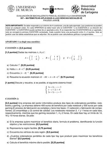 Examen de Matemáticas Aplicadas a las Ciencias Sociales (EBAU de 2025)