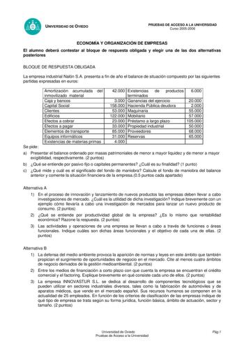 UNIVERSIDAD DE OVIEDO PRUEBAS DE ACCESO A LA UNIVERSIDAD Curso 20052006 ECONOMÍA Y ORGANIZACIÓN DE EMPRESAS El alumno deberá contestar al bloque de respuesta obligada y elegir una de las dos alternativas posteriores BLOQUE DE RESPUESTA OBLIGADA La empresa industrial Nalón SA presenta a fin de año el balance de situación compuesto por las siguientes partidas expresadas en euros Se pide Amortización acumulada del inmovilizado material Caja y bancos Capital Social Clientes Edificios Efectos a cobr…