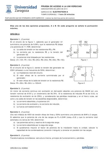  Universidad fil Zaragoza 1S42 PRUEBA DE ACCESO A LA UNIVERSIDAD CONVOCATORIA DE JUNIO DE 2014 EJERCICIO DE ELECTROTECNIA TIEMPO DISPONIBLE 1 hora 30 minutos PUNTUACIÓN QUE SE OTORGARÁ A ESTE EJERCICIO véanse las distintas partes del examen Elija una de las dos opciones propuestas A o B En cada pregunta se señala la puntuación máxima OPCIÓN A Ejercicio 1 2 puntos En el circuito de la figura 1 sabiendo que el generador U1 suministra una potencia de 96W y que la resistencia R2 disipa una potencia…