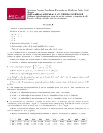 Pruebas de Acceso a Ensenanzas Universitarias Ociales de Grado 2013 Materia MATEMA TICAS APLICADAS A LAS CIENCIAS SOCIALES II El alumno debera contestar a una de las dos opciones propuestas A o B Se podra utilizar cualquier tipo de calculadora Propuesta A 1 Considera el siguiente problema de programacion lineal Maximiza la funcion z  x  3y sujeta a las siguientes restricciones x  y  2 xy  4 x0 y0 a Dibuja la region factible 1 punto b Determina los vertices de la region factible 025 puntos c Ind…