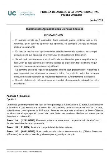 Examen de Matemáticas Aplicadas a las Ciencias Sociales (EBAU de 2025)