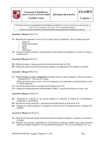Examen de Historia de España (EBAU de 2021)