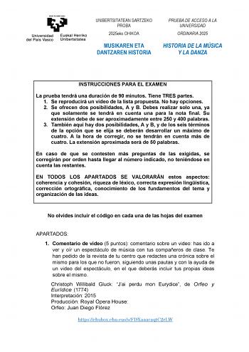 Examen de Historia de la Música y de la Danza (EAU de 2025)